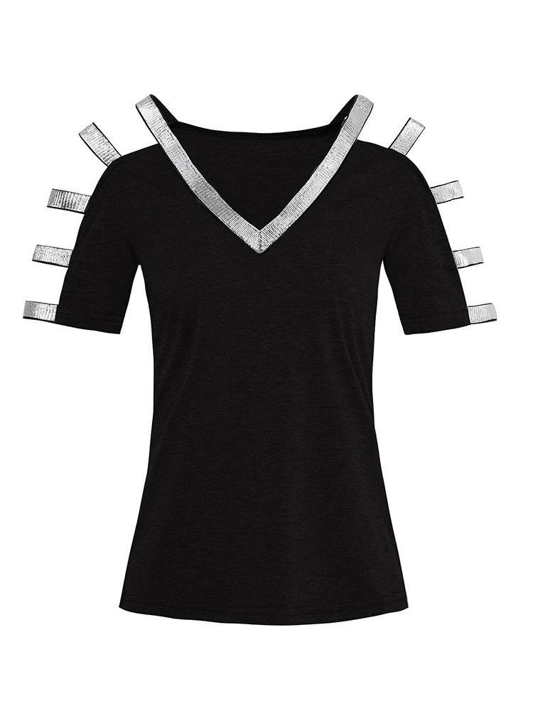 Chic Knit V-neck Short-sleeved T-shirt - T-shirts - INS | Online Fashion Free Shipping Clothing, Dresses, Tops, Shoes - 12/05/2021 - 120521 - Color_Black