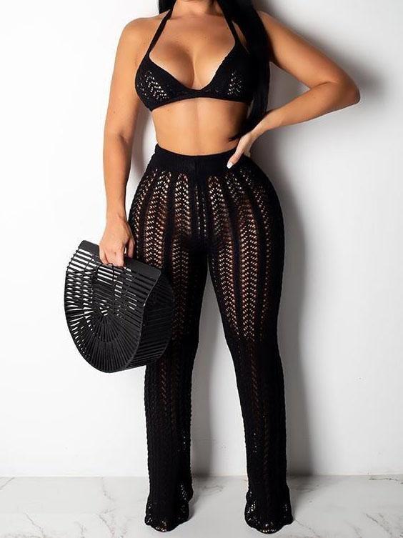 Chic Knitted Mesh Hollow Perspective Two-piece Set - Two-piece Outfits - INS | Online Fashion Free Shipping Clothing, Dresses, Tops, Shoes - 24/04/2021 - Color_Black - Color_Khaki
