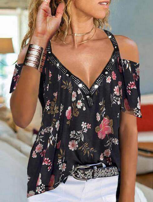 Chic V-neck Off-shoulder Short-sleeved Printed Top - T-shirts - INS | Online Fashion Free Shipping Clothing, Dresses, Tops, Shoes - 04/06/2021 - Color_Black - Color_Purple