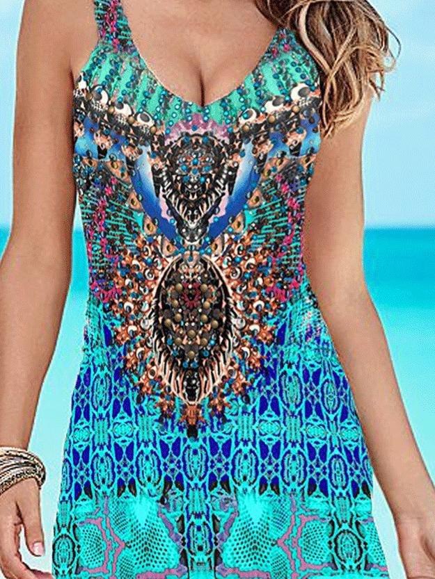 Chic V-neck Printed Sleeveless Vest Dress - Mini Dresses - INS | Online Fashion Free Shipping Clothing, Dresses, Tops, Shoes - 02/06/2021 - Color_Blue - DRE2106021157