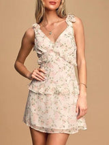 Chiffon Floral Print Lace-up Ruffle Dress - Mini Dresses - INS | Online Fashion Free Shipping Clothing, Dresses, Tops, Shoes - 09/04/2021 - Colour_White - DRE210412017