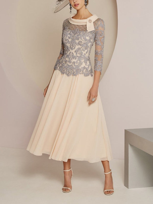 Chiffon Lace Seven-Quarter Sleeve Wedding Dress - Midi Dresses - INS | Online Fashion Free Shipping Clothing, Dresses, Tops, Shoes - 19/04/2021 - Category_Midi Dresses - Color_Champagne