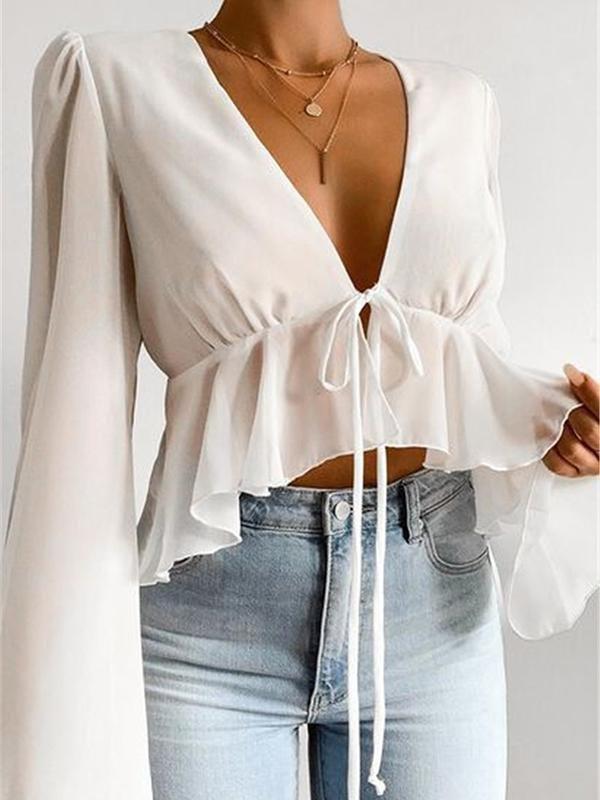 Chiffon Ruffled Hem Bell Sleeve Blouse - Blouses - INS | Online Fashion Free Shipping Clothing, Dresses, Tops, Shoes - 02/04/2021 - 0204V3 - Autumn