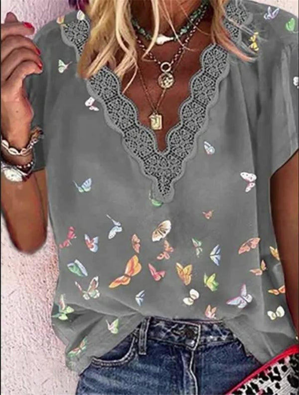 Chiffon V-Neck Printed Short Sleeve T-Shirts - T-Shirts - INS | Online Fashion Free Shipping Clothing, Dresses, Tops, Shoes - 08/07/2021 - 20-30 - Category_T-Shirts