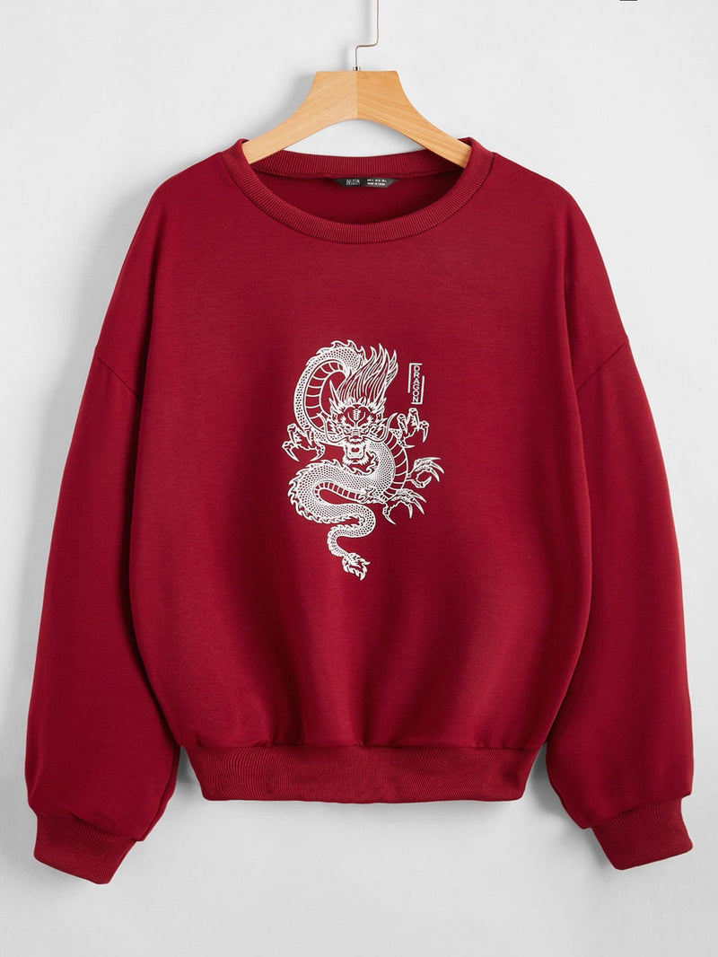 Chinese Dragon Print Drop Shoulder Sweatshirt - Sweatshirts - INS | Online Fashion Free Shipping Clothing, Dresses, Tops, Shoes - 01/30/2021 - Casual - Color_Red