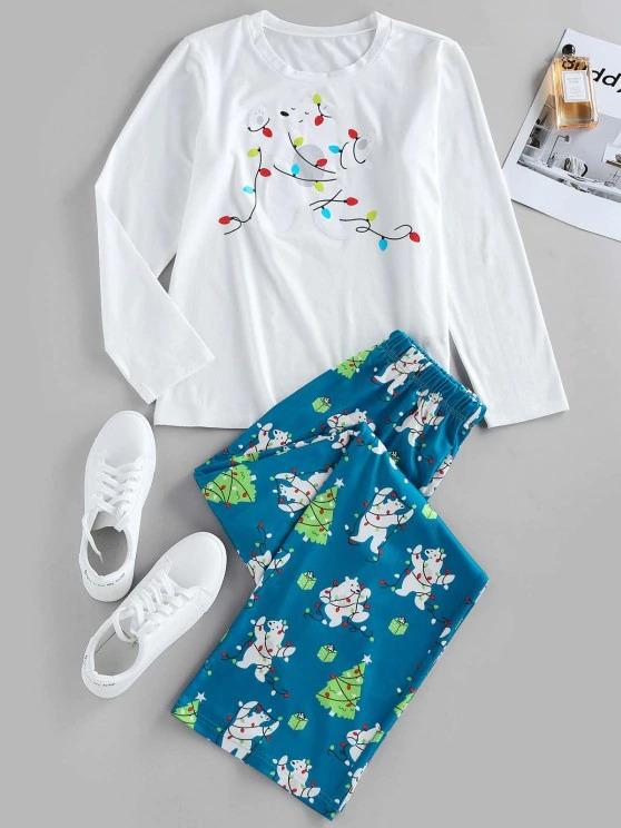 Christmas Tree Bear Light Print Lounge Pants Set - INS | Online Fashion Free Shipping Clothing, Dresses, Tops, Shoes