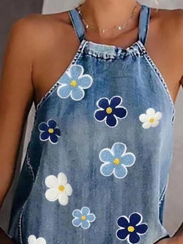 Chrysanthemum Print Sleeveless Tank Top - Tank Tops - INS | Online Fashion Free Shipping Clothing, Dresses, Tops, Shoes - 07/06/2021 - Category_Tank Tops - Color_Blue