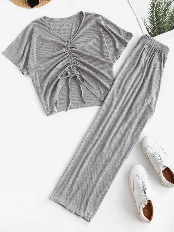 Cinched Ribbed Wide Leg Two Piece Pants Set - INS | Online Fashion Free Shipping Clothing, Dresses, Tops, Shoes