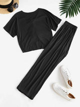 Cinched Ribbed Wide Leg Two Piece Pants Set - INS | Online Fashion Free Shipping Clothing, Dresses, Tops, Shoes