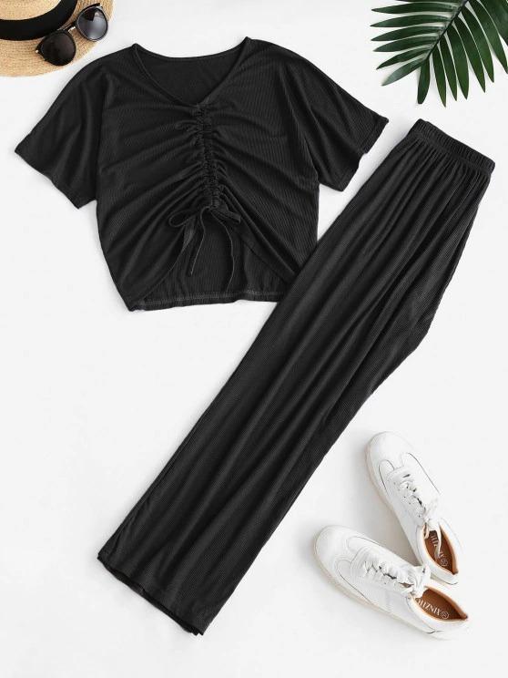 Cinched Ribbed Wide Leg Two Piece Pants Set - INS | Online Fashion Free Shipping Clothing, Dresses, Tops, Shoes