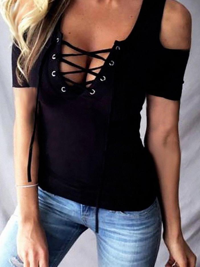 Cold Shoulder Eyelet Lace-up Blouse - T-Shirts - INS | Online Fashion Free Shipping Clothing, Dresses, Tops, Shoes - 27/04/2021 - Color_Black - Color_Red