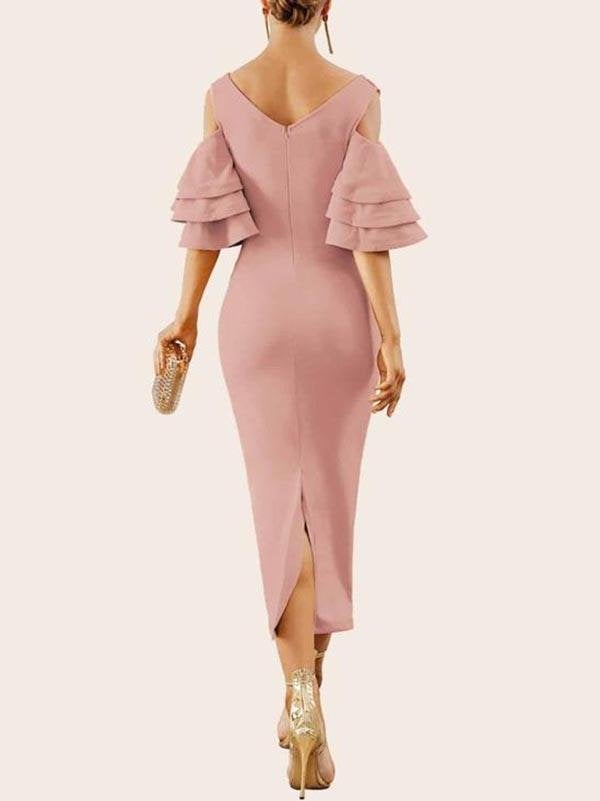 Cold Shoulder Layered Ruffle Sleeve Slit Hem Dress - Dresses - INS | Online Fashion Free Shipping Clothing, Dresses, Tops, Shoes - 02/05/2021 - Bodycon Dresses - Color_Pink