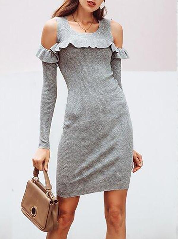 Cold Shoulder Ruffle Trim Bodycon Sweater Dress - Dresses - INS | Online Fashion Free Shipping Clothing, Dresses, Tops, Shoes - 02/02/2021 - Autumn - Casual Dresses
