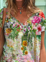 Color Flower Print Short Sleeve V-neck T-shirt - T-Shirts - INS | Online Fashion Free Shipping Clothing, Dresses, Tops, Shoes - 03/06/2021 - Category_T-Shirts - Color_Multicolor