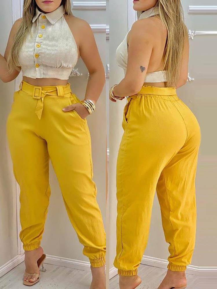 Colorblock Backless Crop Top & Plain Pants Set - Two-piece Outfits - INS | Online Fashion Free Shipping Clothing, Dresses, Tops, Shoes - 05/05/2021 - Color_Yellow - SET210505023