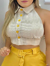Colorblock Backless Crop Top & Plain Pants Set - Two-piece Outfits - INS | Online Fashion Free Shipping Clothing, Dresses, Tops, Shoes - 05/05/2021 - Color_Yellow - SET210505023
