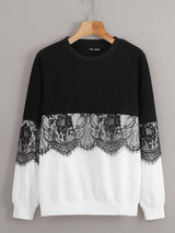 Colorblock Contrast Lace Sweatshirt - Sweatshirts - INS | Online Fashion Free Shipping Clothing, Dresses, Tops, Shoes - 01/02/2021 - Black and White - Casual