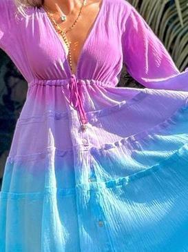Colorblock Long Sleeve Deep V Midi Dress - Midi Dresses - INS | Online Fashion Free Shipping Clothing, Dresses, Tops, Shoes - 16/06/2021 - 40-50 - Category_Midi Dresses