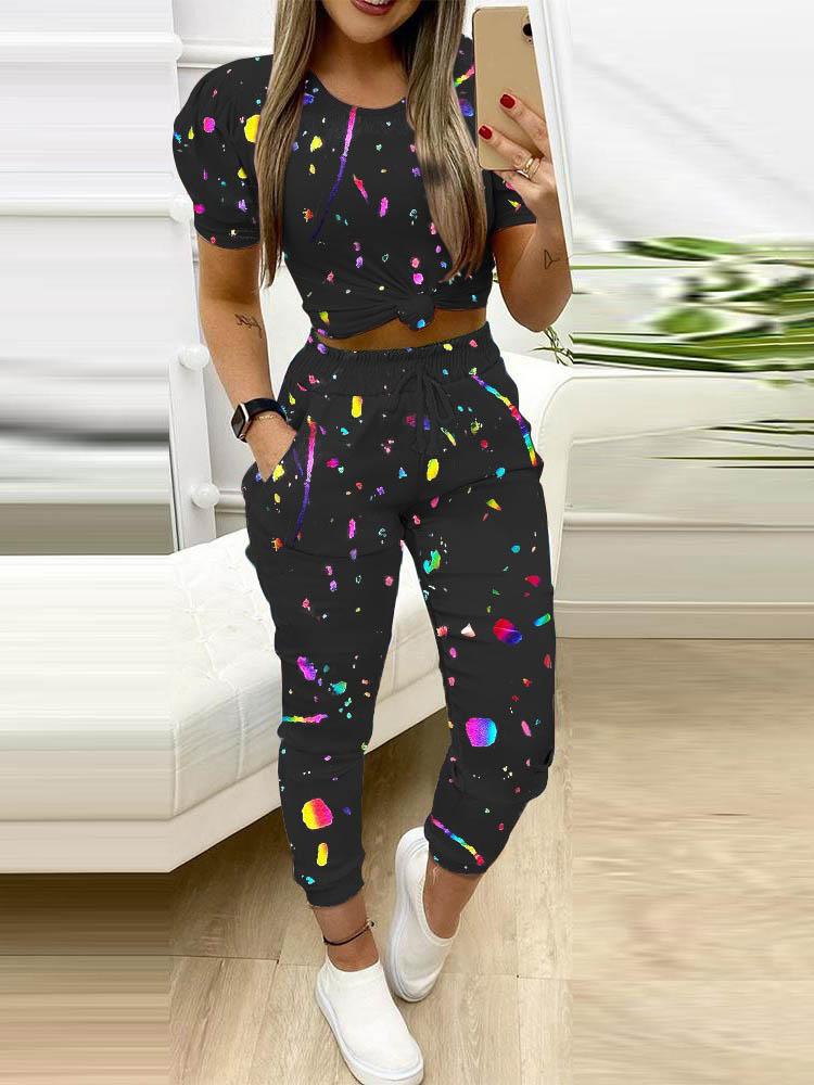 Colorblock Puff Sleeve Crop Top & Pocket Design Drawstring Pants Set - Two-piece Outfits - INS | Online Fashion Free Shipping Clothing, Dresses, Tops, Shoes - 04/05/2021 - Color_Black - SET210504052
