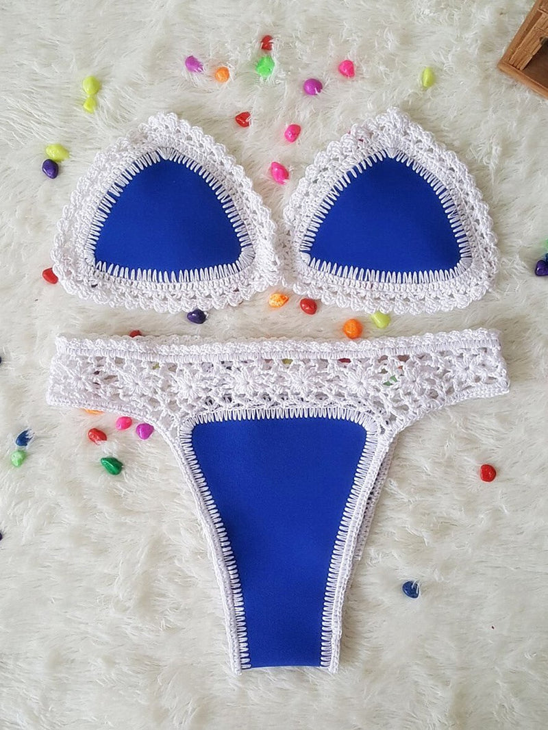 Colorful Crochet Trim Neoprene Triangle Brazilian Bikini Swimsuit - Two Piece Set - Bikinis - INS | Online Fashion Free Shipping Clothing, Dresses, Tops, Shoes - 18/03/2021 - Beach - Bikini