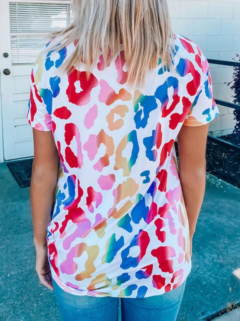 Colorful Leopard Print Cut-outed V Neck T-shirt - T-shirts - INS | Online Fashion Free Shipping Clothing, Dresses, Tops, Shoes - 10-20 - 29/06/2021 - color-multi