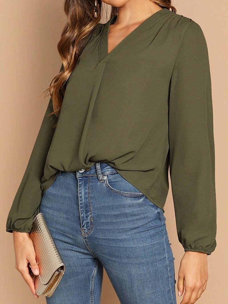 Commuter V-neck Chiffon Loose Pullover Blouse - Blouses - INS | Online Fashion Free Shipping Clothing, Dresses, Tops, Shoes - 08/04/2021 - Army Green - BLO210408189