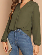 Commuter V-neck Chiffon Loose Pullover Blouse - Blouses - INS | Online Fashion Free Shipping Clothing, Dresses, Tops, Shoes - 08/04/2021 - Army Green - BLO210408189