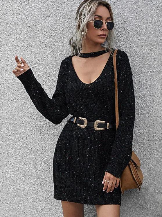 Confetti Drop Shoulder Choker Sweater Dress - Dresses - INS | Online Fashion Free Shipping Clothing, Dresses, Tops, Shoes - 02/07/2021 - Black - Casual Dresses