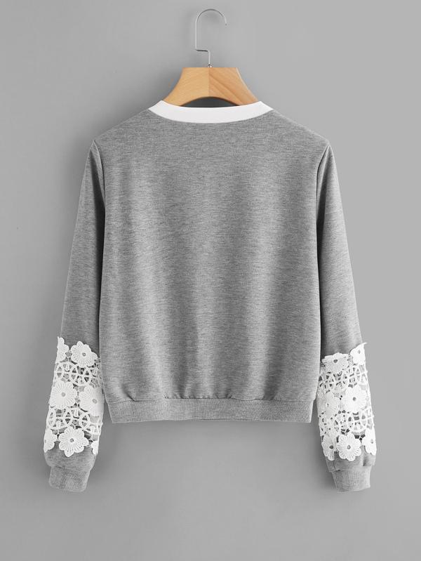 Contrast Crochet Bow Tie Neck Marled Sweatshirt - INS | Online Fashion Free Shipping Clothing, Dresses, Tops, Shoes