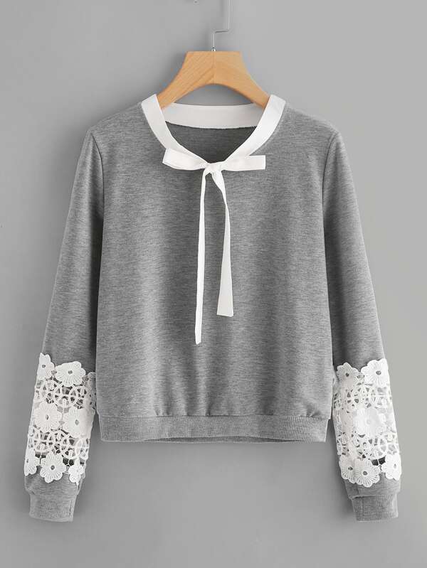 Contrast Crochet Bow Tie Neck Marled Sweatshirt - INS | Online Fashion Free Shipping Clothing, Dresses, Tops, Shoes