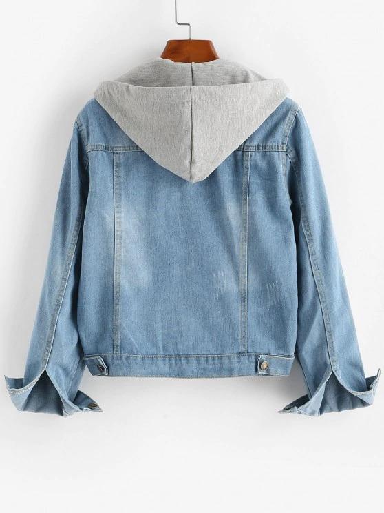Contrast Detachable Hooded Distressed Denim Jacket - Jackets - INS | Online Fashion Free Shipping Clothing, Dresses, Tops, Shoes - 02/08/2021 - Autumn - Blue