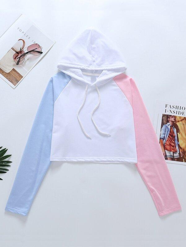 Contrast Raglan Sleeve Drawstring Hoodie - INS | Online Fashion Free Shipping Clothing, Dresses, Tops, Shoes