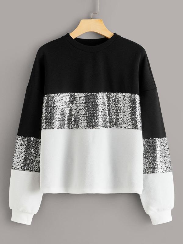 Contrast Sequin Cut-and-sew Pullover - INS | Online Fashion Free Shipping Clothing, Dresses, Tops, Shoes