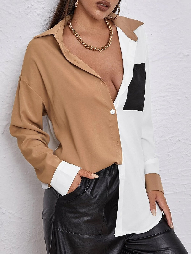 Contrast Stitching Long-sleeved Chiffon Shirt - Blouses - INS | Online Fashion Free Shipping Clothing, Dresses, Tops, Shoes - 03/07/2021 - 20-30 - BLO2107031150