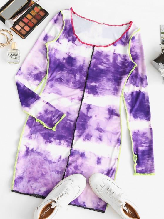 Contrast Stitching Tie Dye Long Sleeve Mini Dress - Dresses - INS | Online Fashion Free Shipping Clothing, Dresses, Tops, Shoes - Bodycon Dresses - Dresses - L