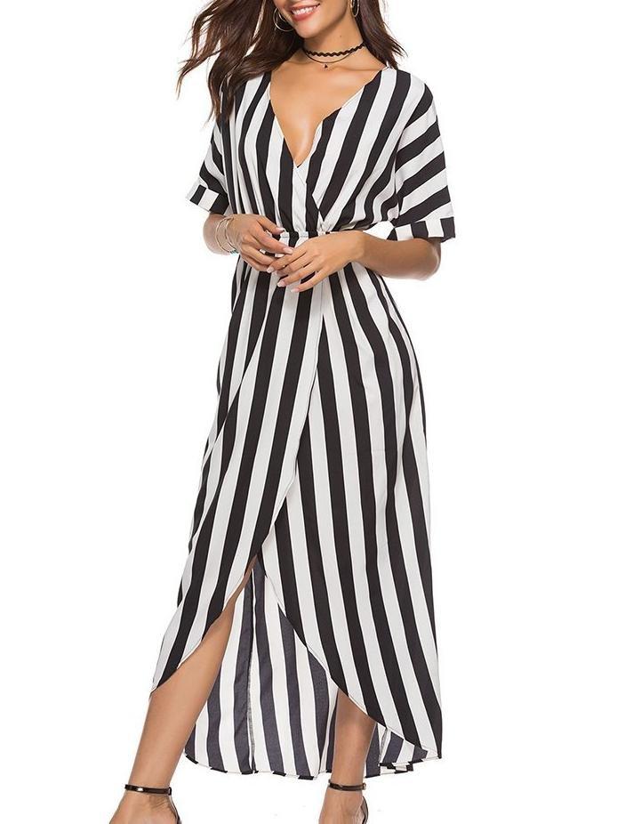 Contrast Stripes Irregular Waist Dress For Ladies - Maxi Dresses - INS | Online Fashion Free Shipping Clothing, Dresses, Tops, Shoes - 07/04/2021 - Black - chiffon-dress
