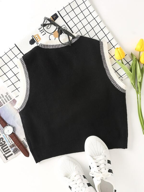 Contrast Trim Geo Pattern Sweater Vest - INS | Online Fashion Free Shipping Clothing, Dresses, Tops, Shoes