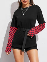 Contrasting Check Plaid Sleeve With Belt T-shirt - T-Shirts - INS | Online Fashion Free Shipping Clothing, Dresses, Tops, Shoes - 09/04/2021 - Belt - Color_Red