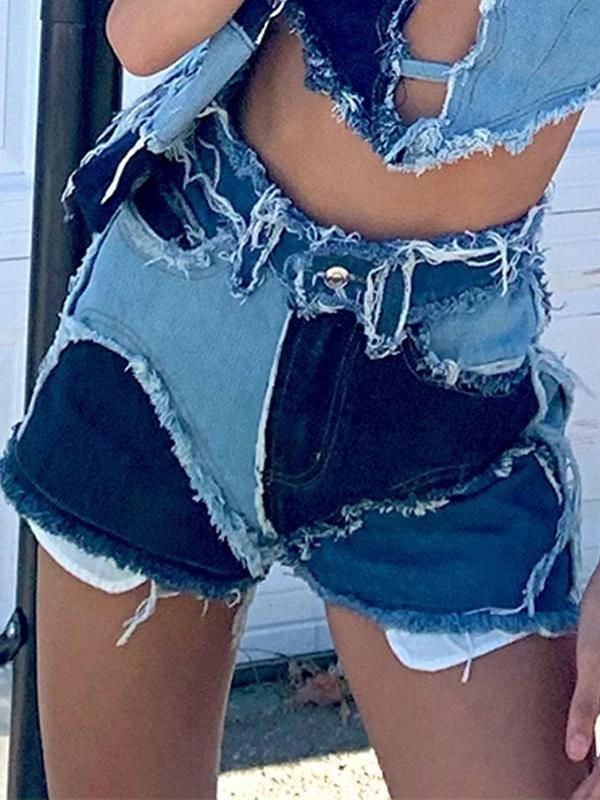 Contrasting Slim High-waisted Denim Shorts - Shorts - INS | Online Fashion Free Shipping Clothing, Dresses, Tops, Shoes - 19/07/2021 - 20-30 - Bottoms