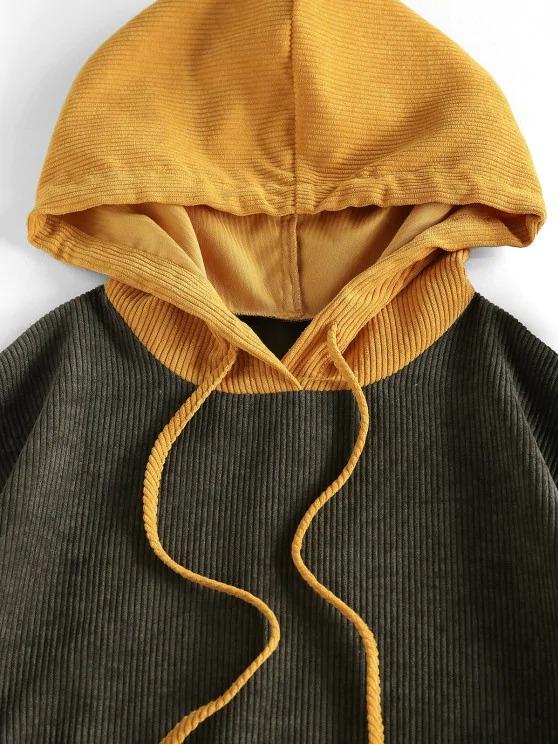 Corduroy Colorblock Drop Shoulder Pocket Hoodie - INS | Online Fashion Free Shipping Clothing, Dresses, Tops, Shoes