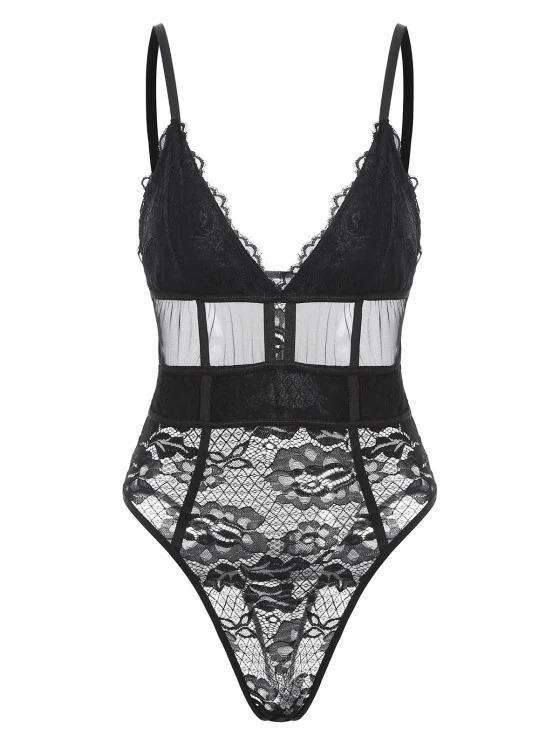 Corset Detail Lace and Mesh Snap Crotch Teddy - INS | Online Fashion Free Shipping Clothing, Dresses, Tops, Shoes