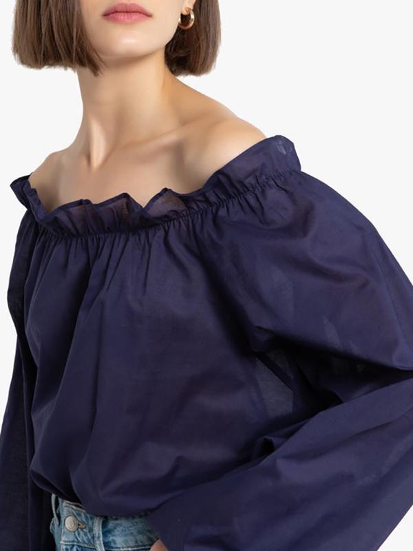 Cotton Off-The-Shoulder Blouse with Ruffle Collar - Blouses - INS | Online Fashion Free Shipping Clothing, Dresses, Tops, Shoes - 14/04/2021 - Blouses - Color_Blue