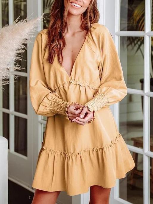 Creative Light Ruffled Long Sleeve Mini Dress - Mini Dresses - INS | Online Fashion Free Shipping Clothing, Dresses, Tops, Shoes - 14/04/2021 - Color_Pink - Color_Yellow