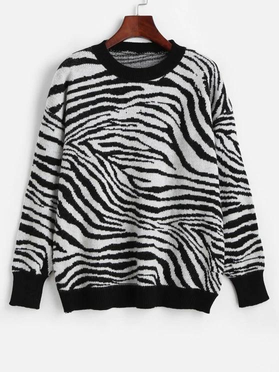 Crew Neck Drop Shoulder Zebra Sweater - INS | Online Fashion Free Shipping Clothing, Dresses, Tops, Shoes