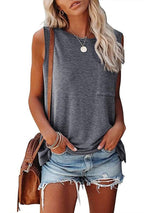 Crew Neck Sleeveless T-Shirt With Side Slits - T-Shirts - INS | Online Fashion Free Shipping Clothing, Dresses, Tops, Shoes - 14/05/2021 - 140521 - Category_T-Shirts