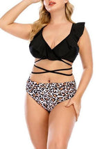 Criss-cross Leopard Print Lace Ruffled Two-piece Swimsuit - Plus Swimsuits - INS | Online Fashion Free Shipping Clothing, Dresses, Tops, Shoes - 22/04/2021 - 2204V3 - Color_Black