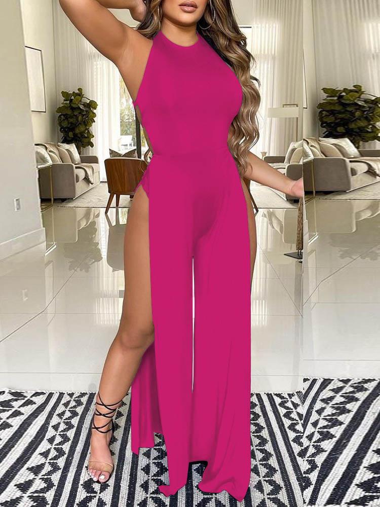 Crisscross Backless High Slit Jumpsuit - Jumpsuits & Rompers - INS | Online Fashion Free Shipping Clothing, Dresses, Tops, Shoes - 29/04/2021 - Color_Black - Color_Hot Pink