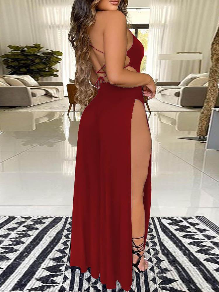 Crisscross Backless High Slit Jumpsuit - Jumpsuits & Rompers - INS | Online Fashion Free Shipping Clothing, Dresses, Tops, Shoes - 29/04/2021 - Color_Black - Color_Hot Pink