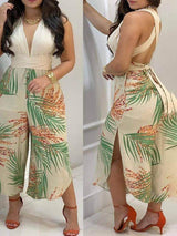 Crisscross Backless Top & Tropical Print Wide Leg Pants Set - Jumpsuits & Rompers - INS | Online Fashion Free Shipping Clothing, Dresses, Tops, Shoes - 30/04/2021 - Color_Beige - JUM210430052