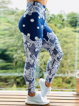 Crochet Lace Patch Polkadot Print Tummy Control Yoga Pants - Leggings - INS | Online Fashion Free Shipping Clothing, Dresses, Tops, Shoes - 04/05/2021 - Color_Blue - LEG210504040